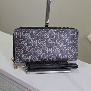 Coach CF521 Long Zip Around Wallet In Navy w/ Monogram Print Goldtone HDWR EUC